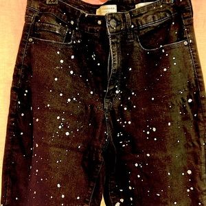 SANCTUARY skinny jeans with shiny silver splotches. SO FUN AND FUNKY